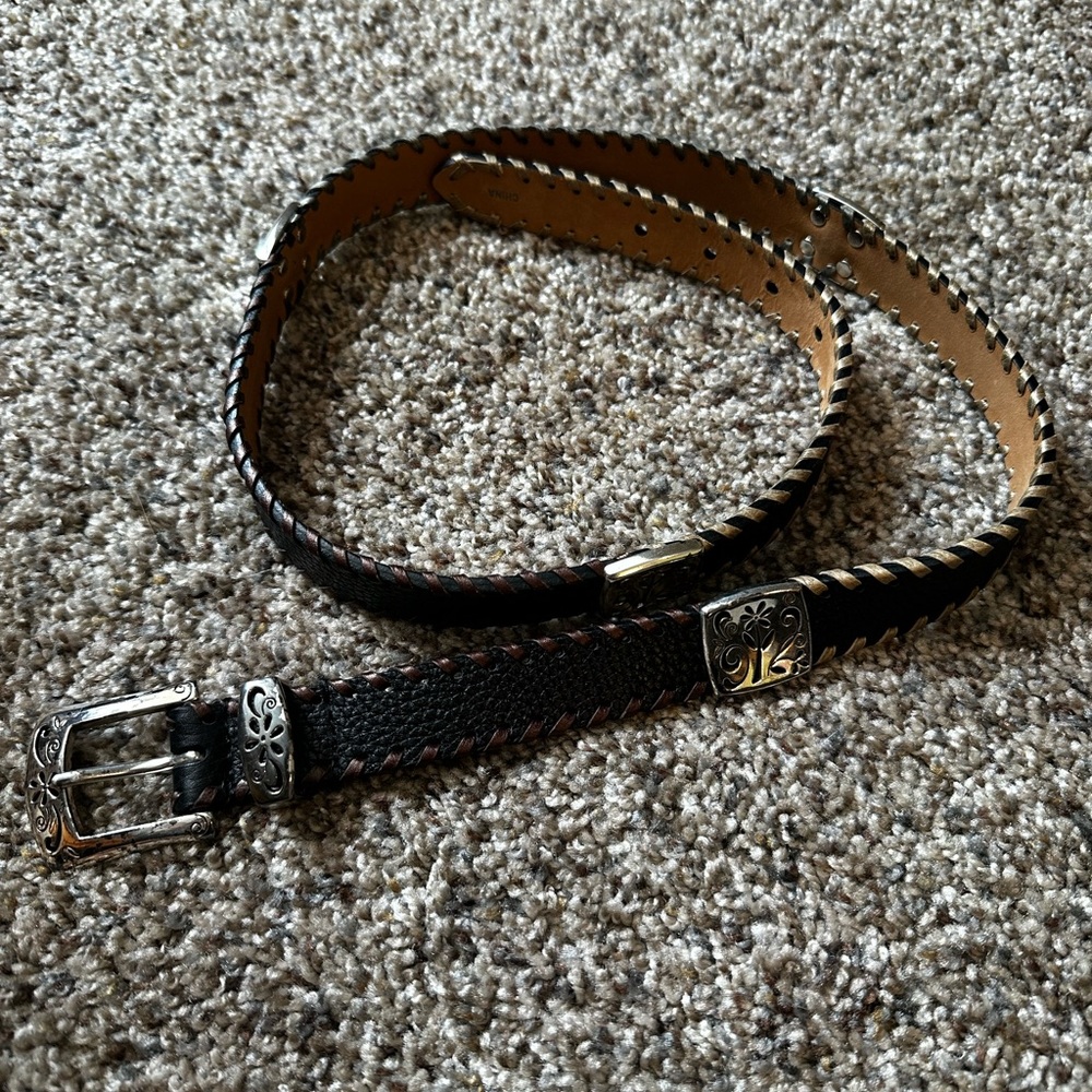Brighton Black and Brown Leather Belt with Decorative Stitching